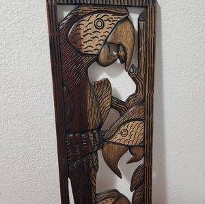 Hand-Carved Brown & Tan Parrot Wall Panel - Unbranded
